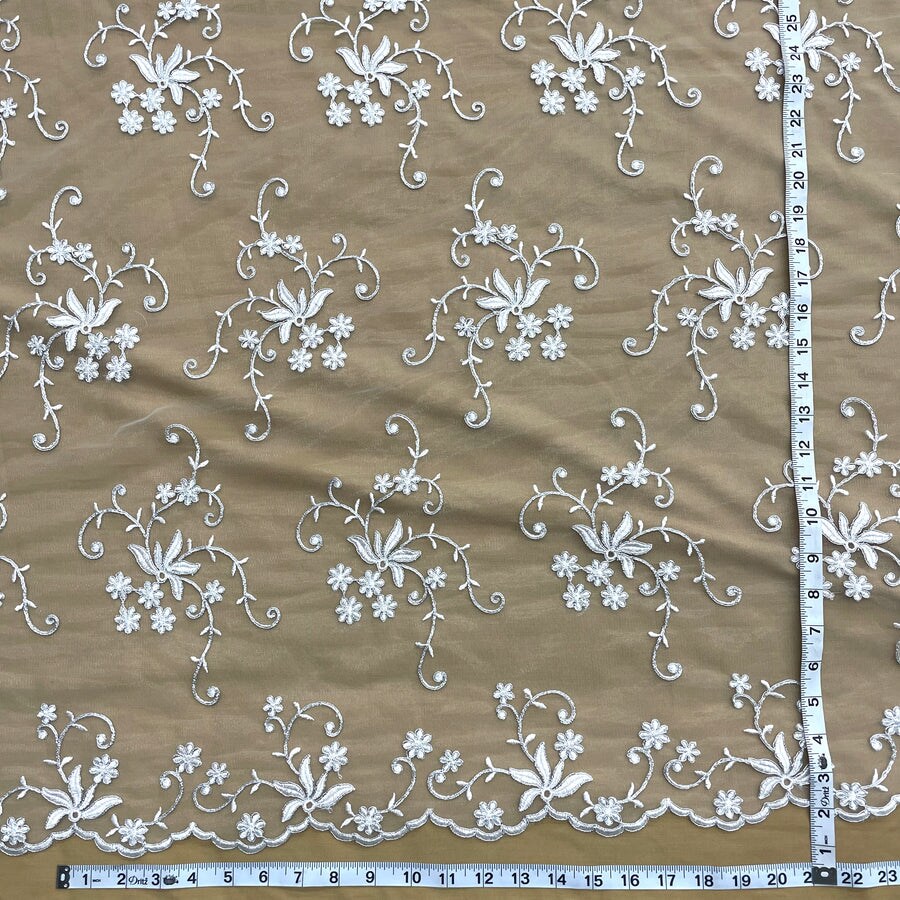 1 Yard - Corded Bridal Lace Fabric Embroidered on 100% Polyester Net Mesh - Ivory - 54&#x22;