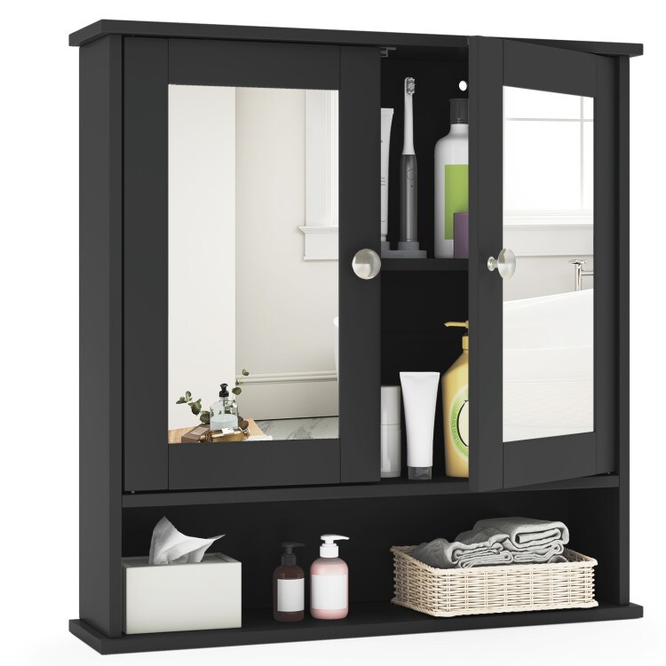 Wall Cabinet with Double Mirror Doors Adjustable Shelf Storage for Bathroom and Bedroom