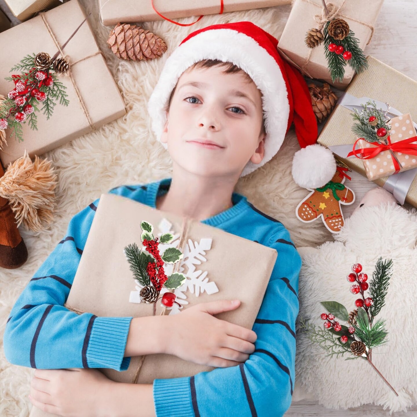 20pcs Artificial Christmas Red Berry Picks Pine Cones (Multicoloured) 12"D x 8.5"W x 4"H