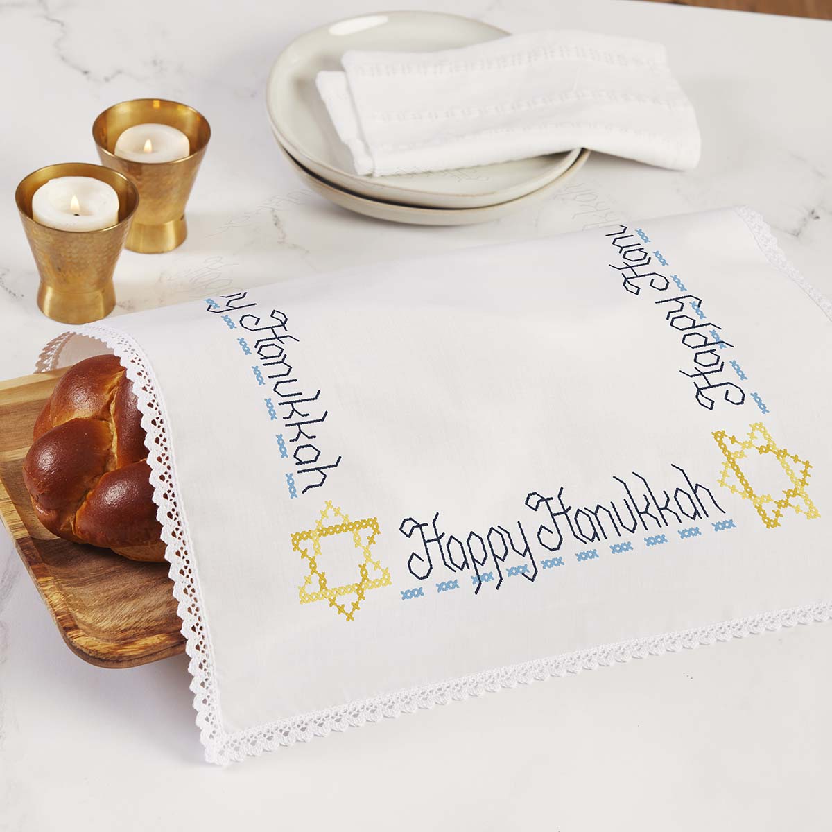 Herrschners Hanukkah Light Bread Cloth Stamped Cross-Stitch Kit