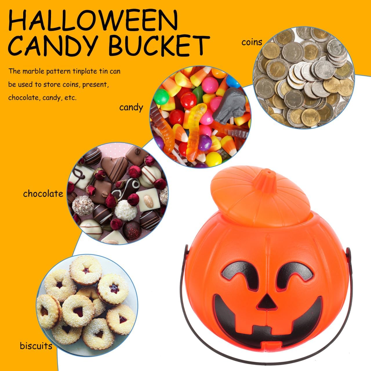 1Pcs Plastic Pumpkin Bucket Halloween Pumpkin Basket with Lids (Orange)