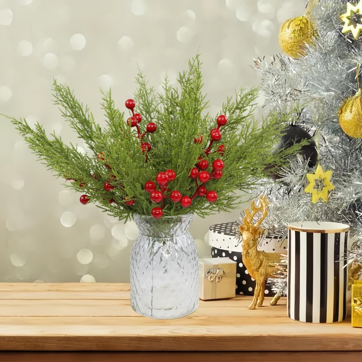 Christmas Greenery Stems Pine Stems (Green/Red) 0.1"D x 0.1"W x 0.1"H