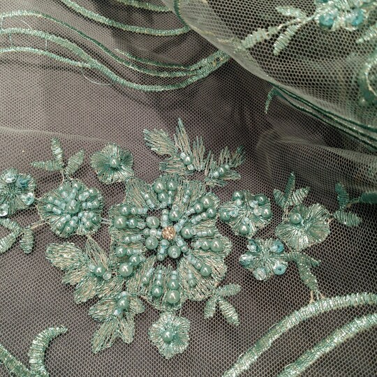 1 Yard Silver Beaded Lace Fabric Embroidered on Polyester Net Mesh Pearl Detail 51 Inch Width