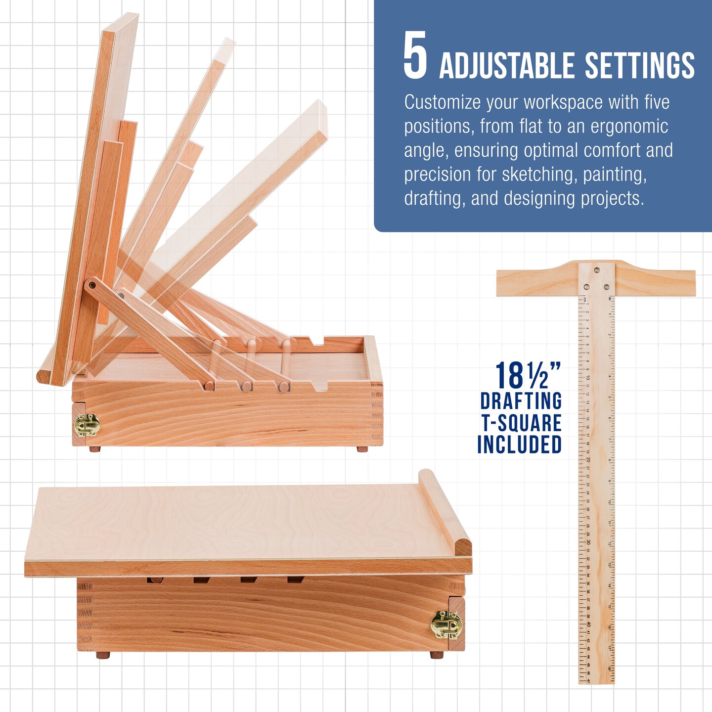 Large 20-1/2&#x22; x 16&#x22; Adjustable Wood Art Drawing Board - 5 Angles, Beechwood Construction, Pencil Ledge, T-Square, Locking Storage Drawer - Ideal for Design, Drafting &#x26; Architecture