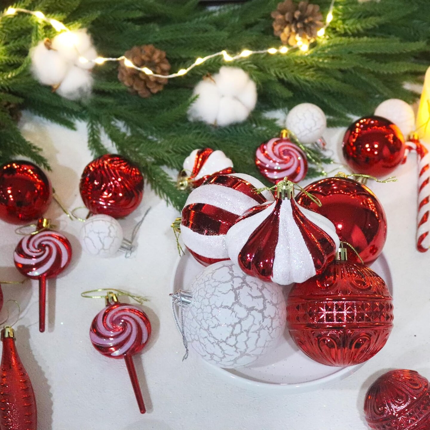 36 pcs Multi-Size Candy Cane Shatterproof Ball Ornaments (Red)