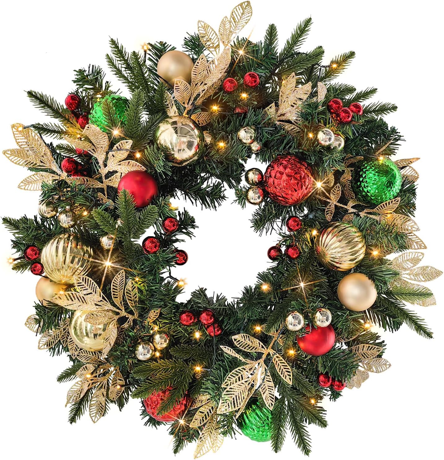 Christmas Lighted Wreath for Front Door 28 Inches Pre-Lit 35 LED Lights (Classic) 5"D x 28"W x 28"H