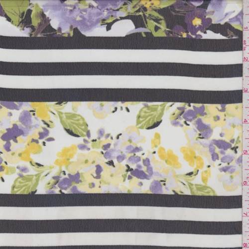 White/Black/Purple Stripe Floral Chiffon Fabric By the Yard