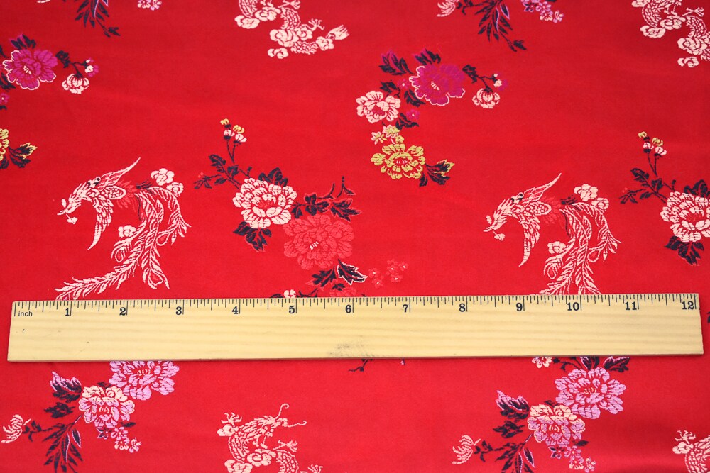 Red-Black-Multi Polyester Floral Dragon Chinese Brocade Woven Fabric By the Yard