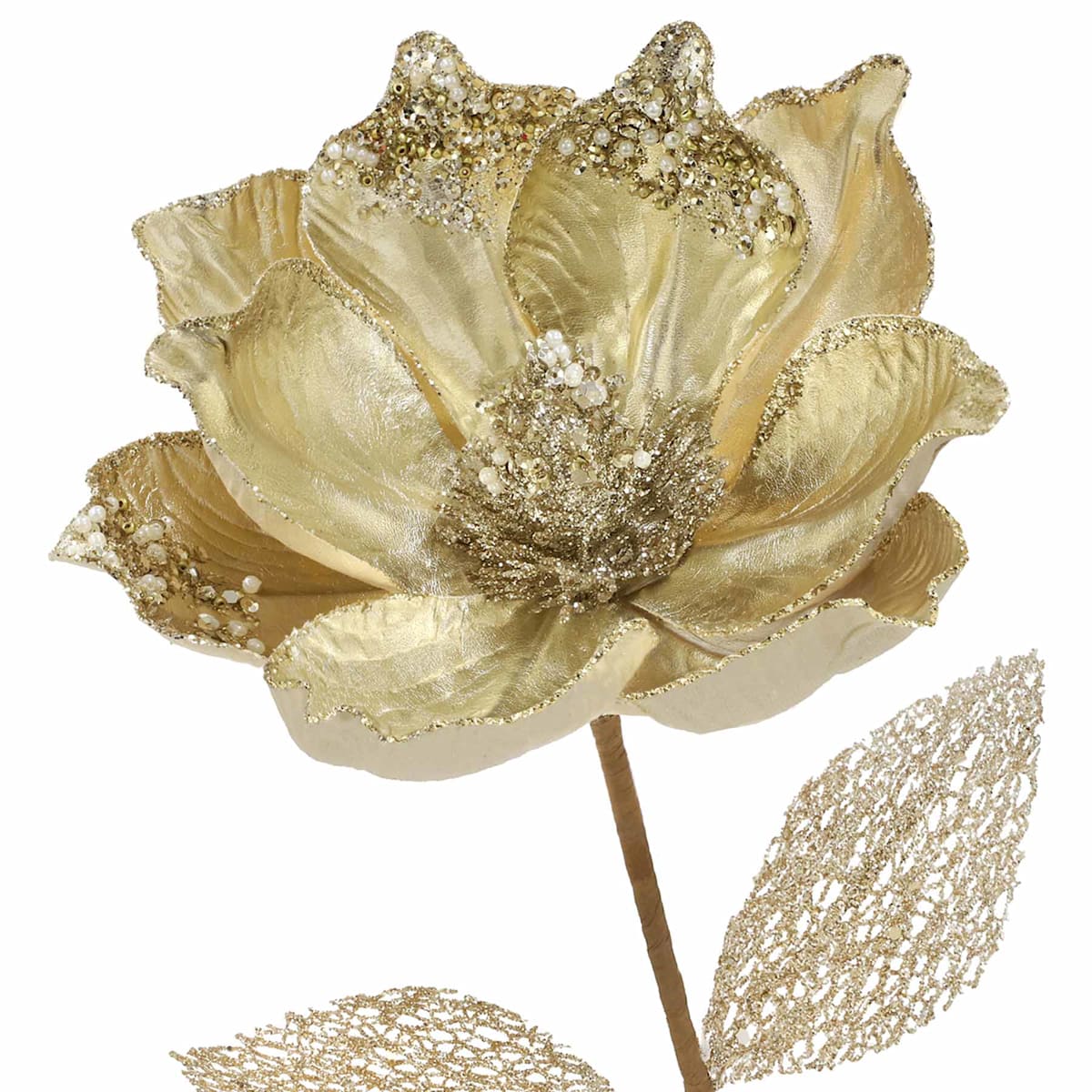 23.5&#x2033; Glitter Magnolia Stem &#x2013;  Elegant Holiday Floral Pick
