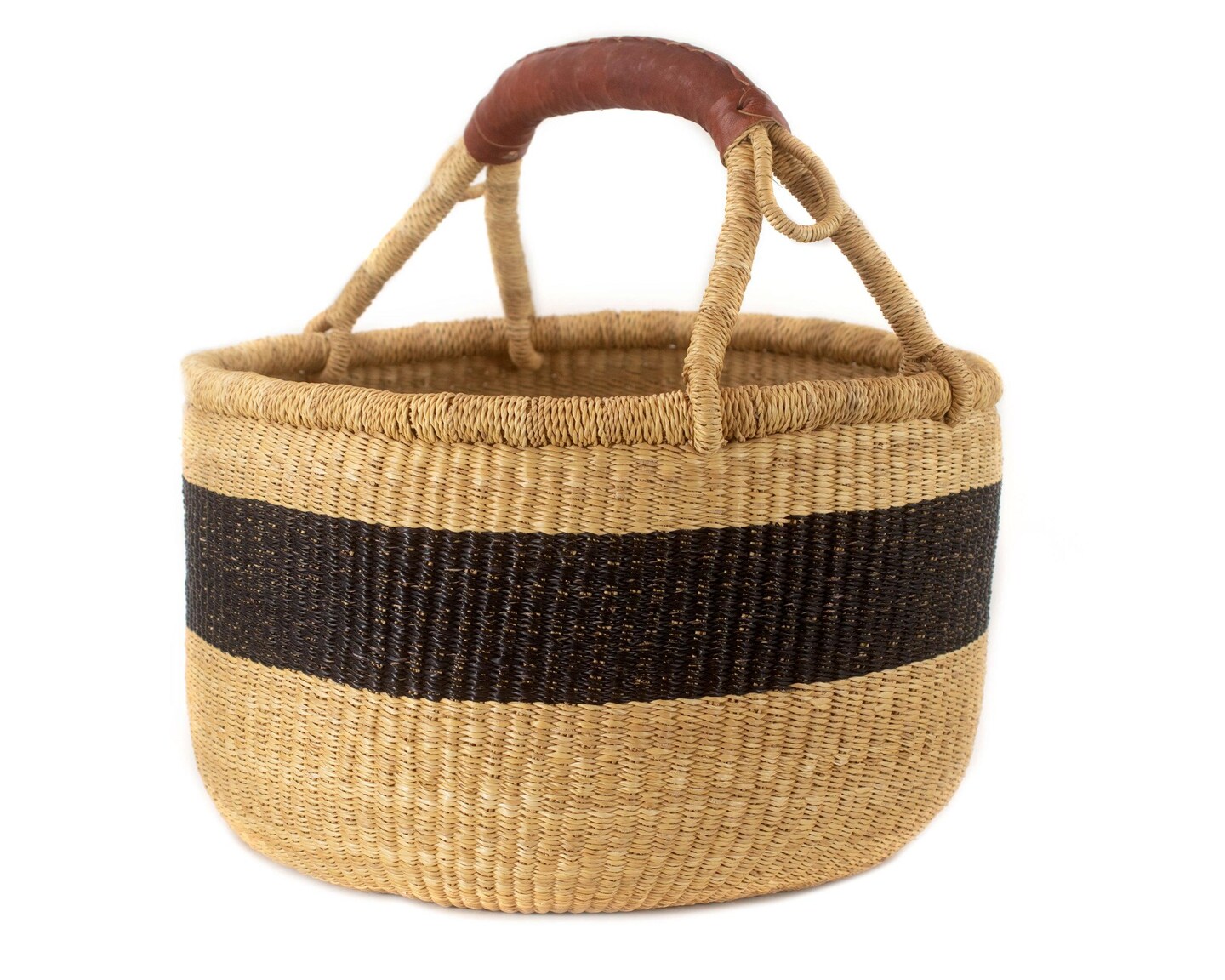 African Bolga Basket | Genuine Leather Handle | Woven Handmade Fair Trade Product | 100% Authentic Ghanaian | 16-18 Inches Across | Black - Striped | The Bead Chest