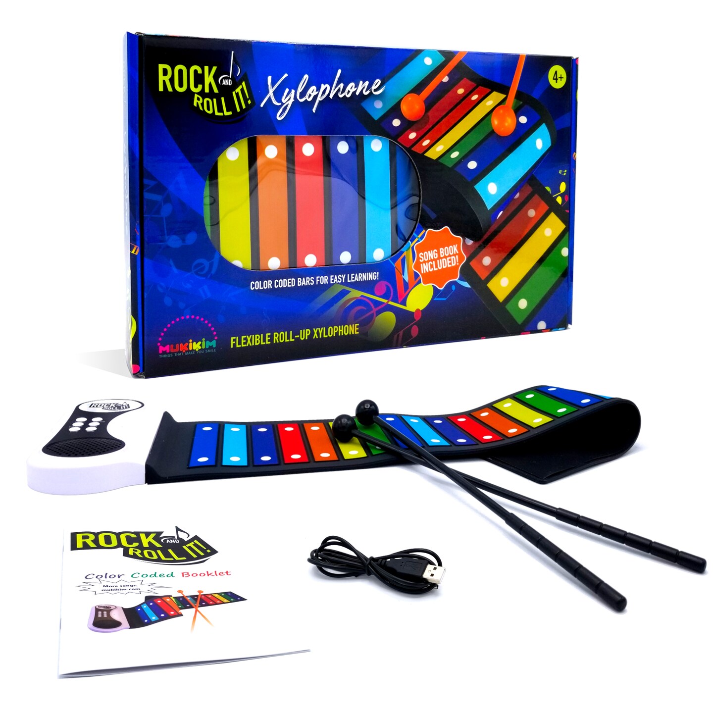 Rock and Roll It – Rainbow Xylophone. Portable & Flexible Standard Size Electronic Pad with 22 Color Coded Bars & Song Booklet. USB or Battery Powered, Built-In Speaker & Audio Output Support.