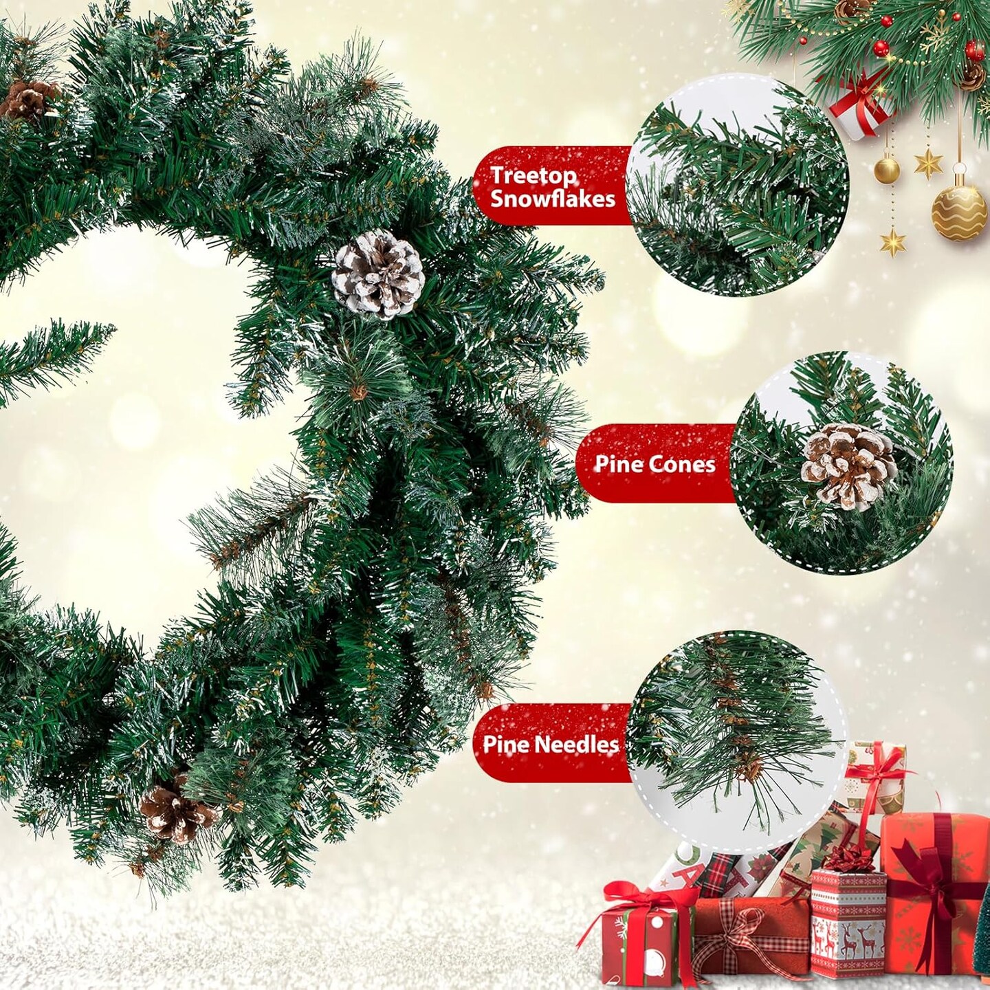 Pre-Lit Artificial Christmas Wreaths with 40 LED Lights&Timer (Green With Snow) 23.6"D x 4"W x 23.6"H