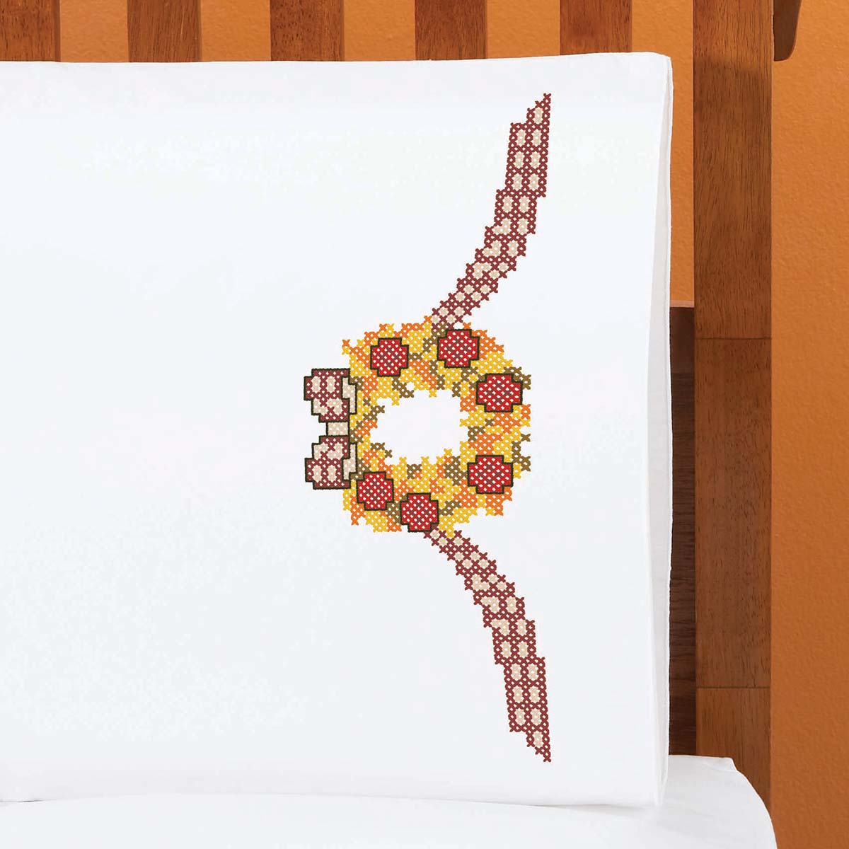 Herrschners Harvest Wreath Pillowcase Pair Stamped Cross-Stitch