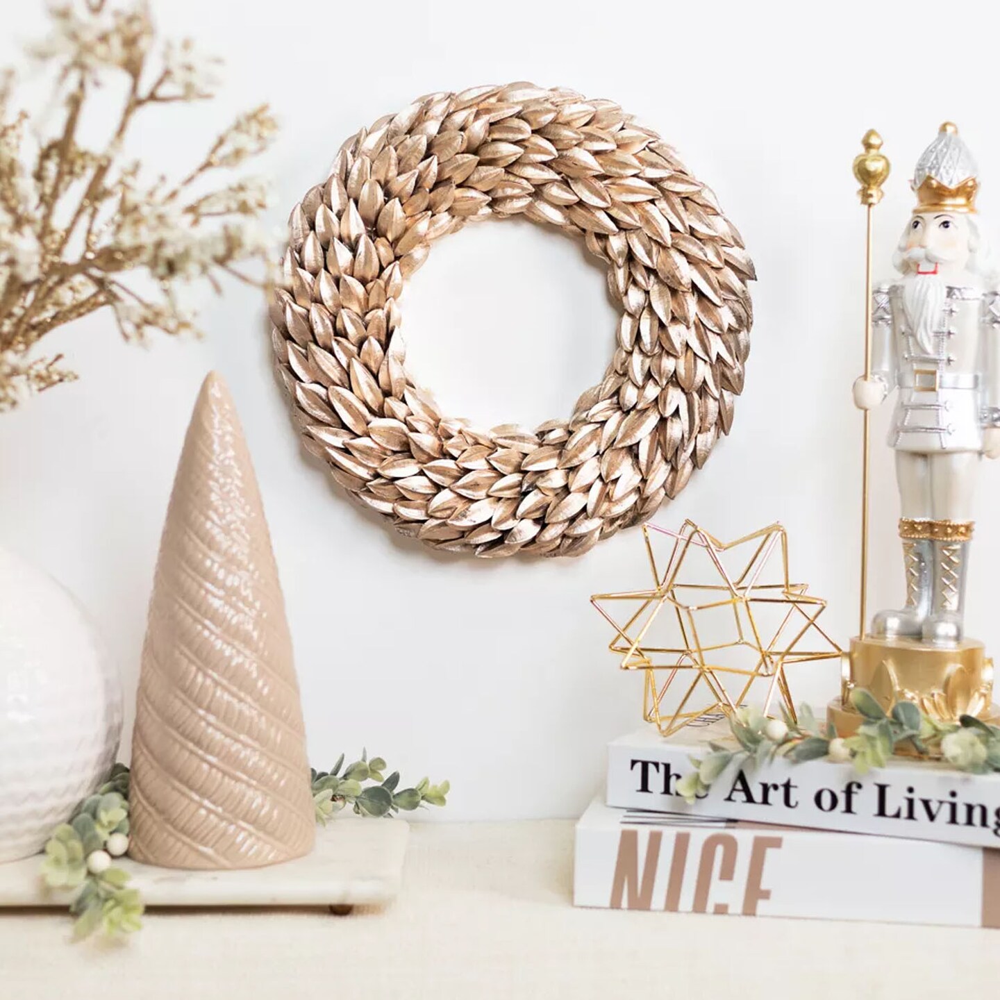 12" Glitter Christmas Wreath with Champagne Gold Budding Leaves Unlit Holiday Decor