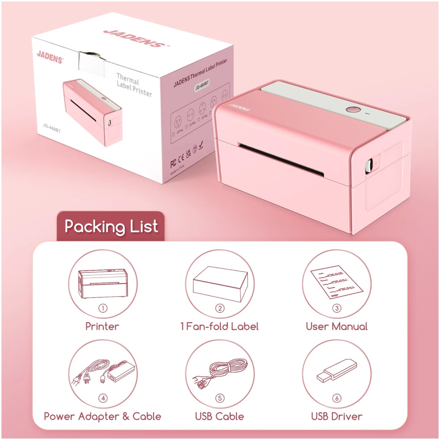JADENS® Bluetooth Pink Thermal Label Printer 4x6 Wireless Shipping Label Printer