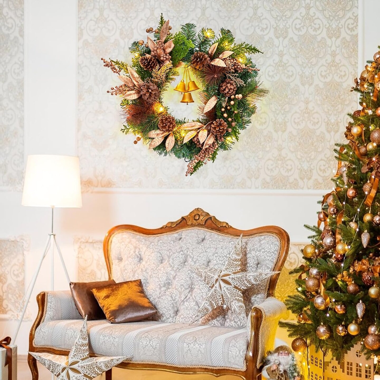 18 Inch Christmas Wreath with Lights, Battery Operated (Bronze) 18"D x 18"W x 4"H