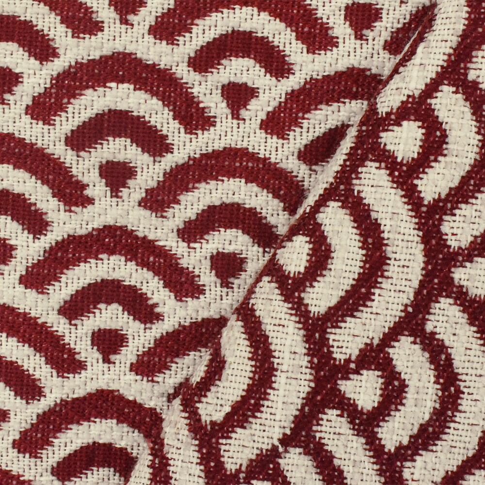 Red-Ivory Scallop Scale Poly Acrylic Chenille Damask Woven Home Decorating Fabric By the Yard