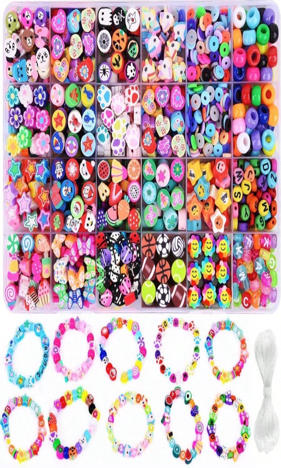 1000PCS Polymer Clay Beads Bracelet Making Kit, 24 Style Cute Fun Beads Fruit Flower Animal Cake Butterfly Heart Beads Charms