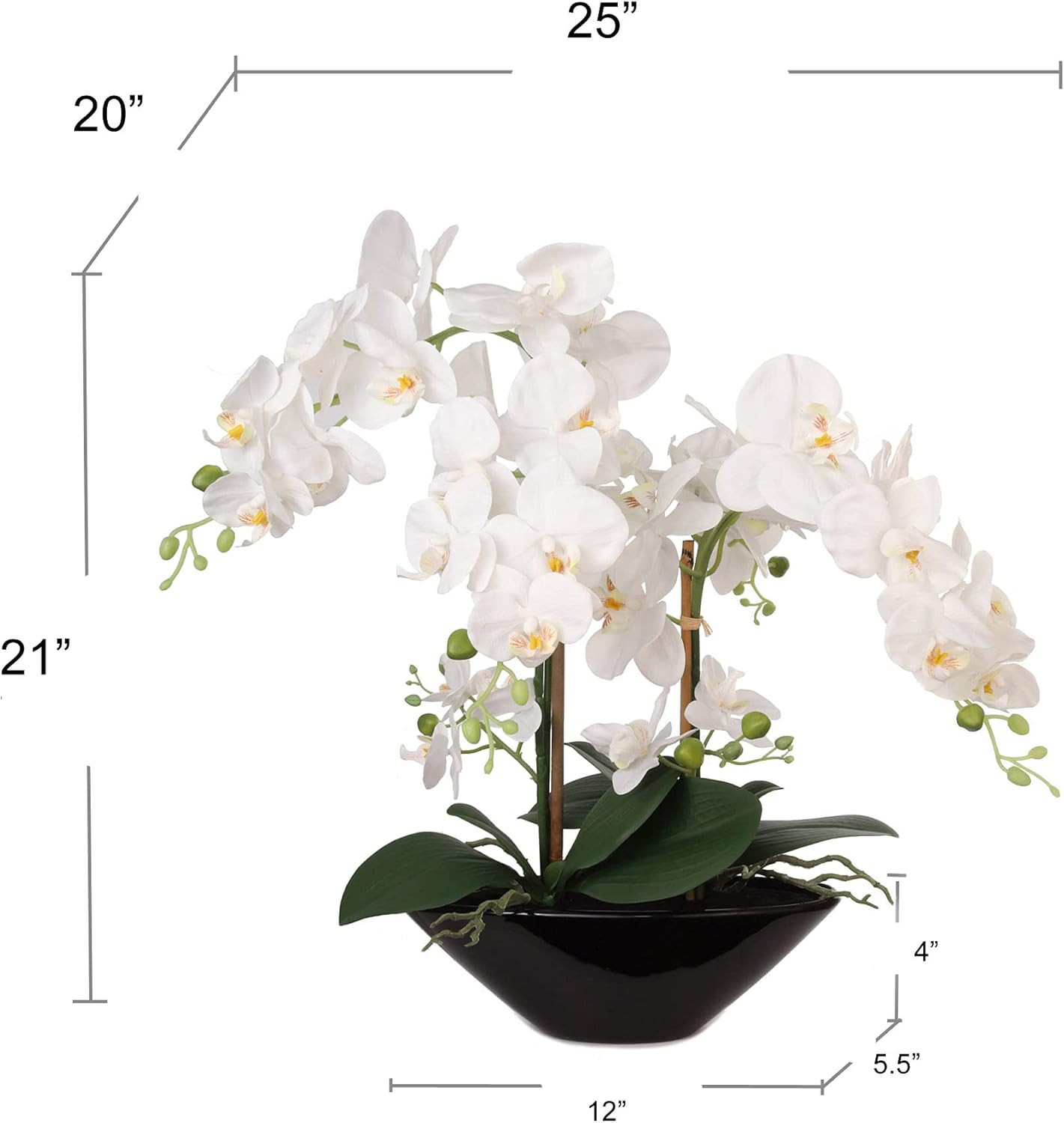 Phalaenopsis Orchid Arrangement in Black Boat Ceramic Vase | 21-Inch | Silk Flowers & Latex Foliage | Floral Arrangements | Home & Office Decor