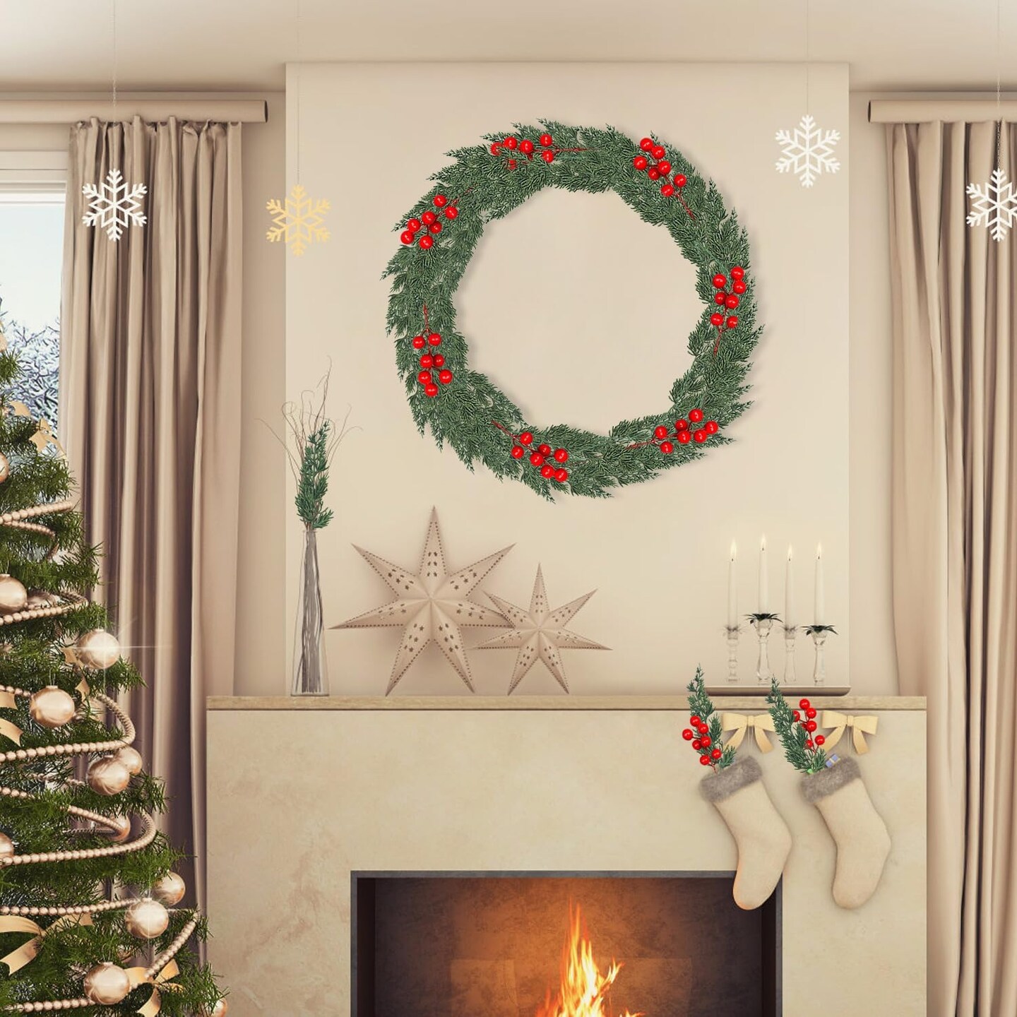 50 PCS Christmas Artificial Pine Branches with Red Berry Stems (50pcs Artificial Pine Branches C) 11.8"D x 4.1"W x 6.7"H