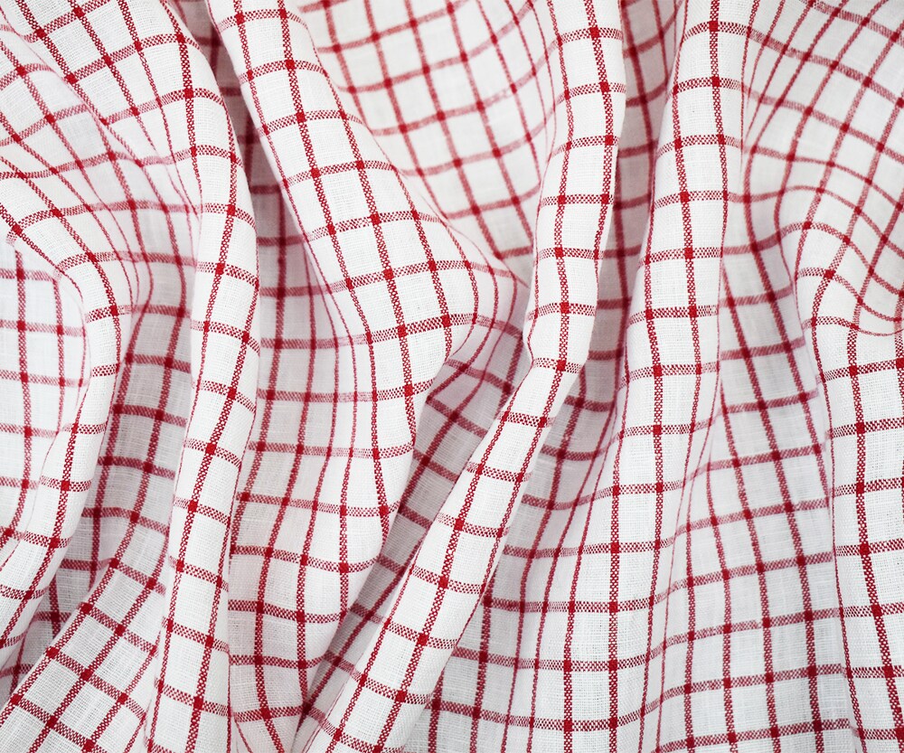 Red-White Moygashel Washed Grid Check Irish Linen Woven Fabric By the Yard