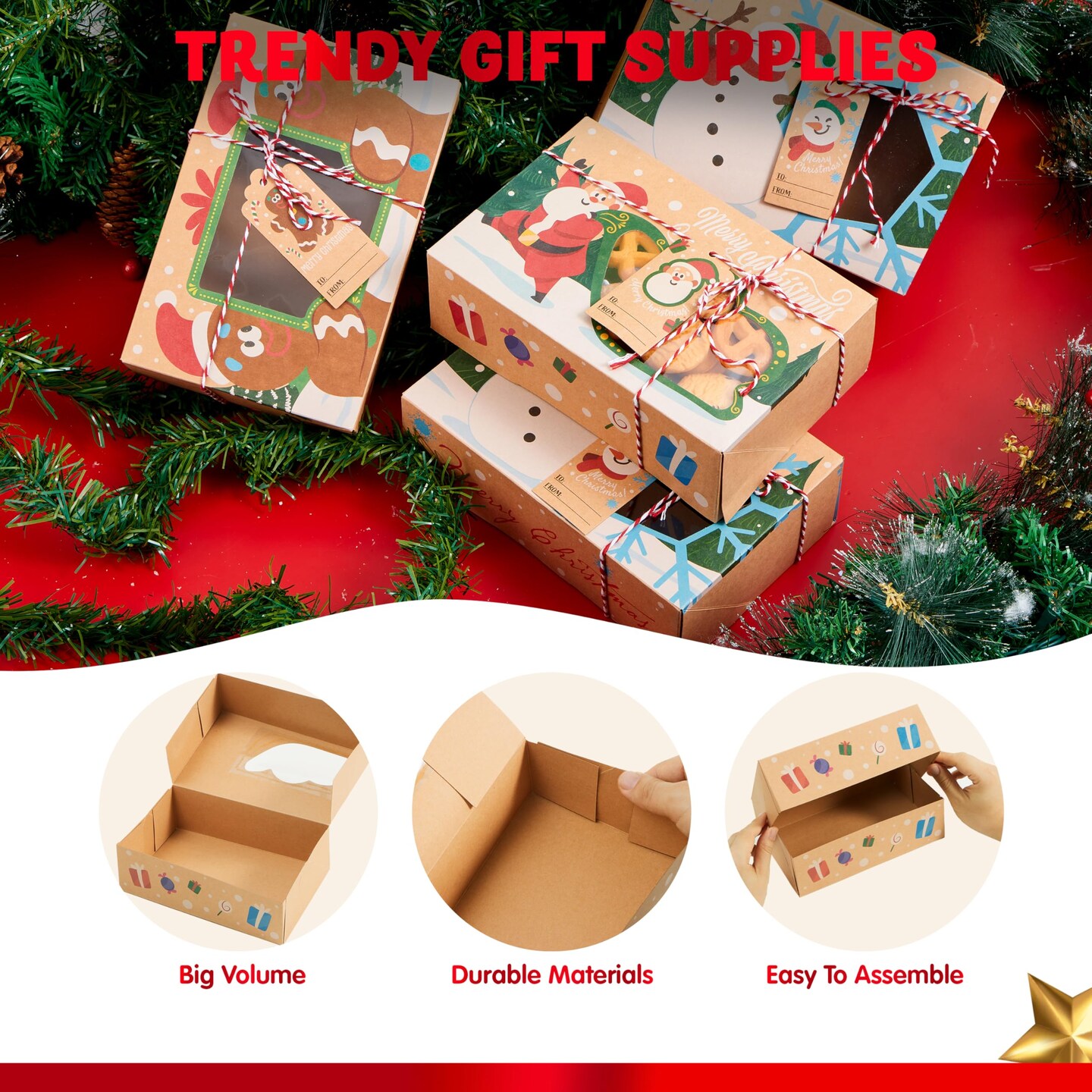 JOYIN 24 PCS Christmas Cookie Gift Baking Box 8.75" x 5.75" x 2.75” with Window Auto-Popup, Xmas Holiday Treat Boxes Containers with Tags for Party Favor Pastries, Cupcake, Brownies, Donut Gift-Giving