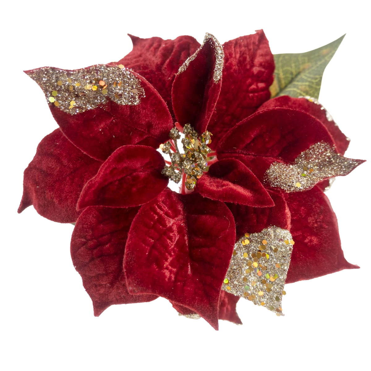 21&#x2033; Sequin Edge Red Poinsettia Stem &#x2013; Sparkling Christmas Floral Pick D&#xE9;cor