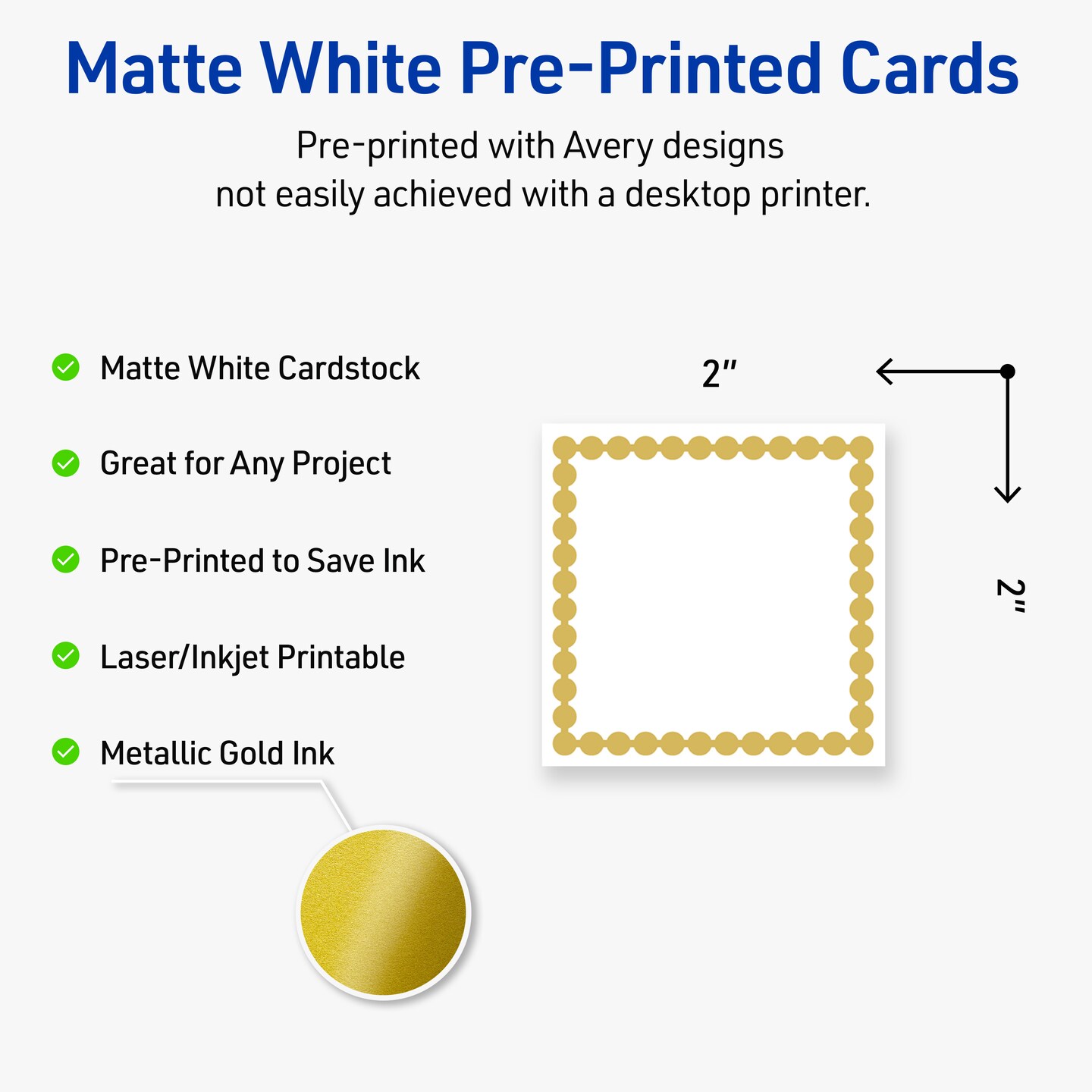 Avery Printable Square Cards, Gold Beads, 2" x 2", Matte White Square Cards, Laser/Inkjet, 120ct, Great for Business Cards