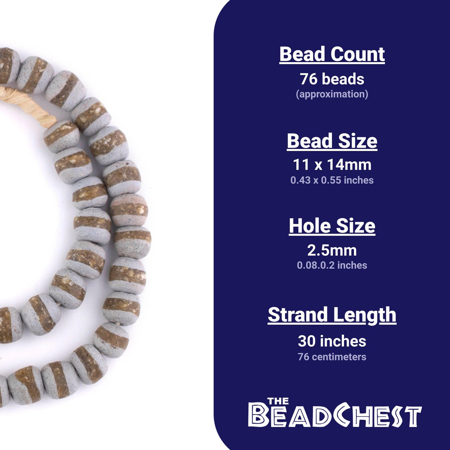 The Bead Chest African Kente Beads - Full Strand of Krobo Glass Beads (Grey)