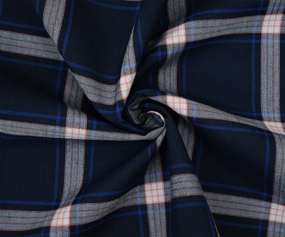 Deep Navy-Orange-Multi Polyester Wool Plaid Shirting Woven Fabric By the Yard