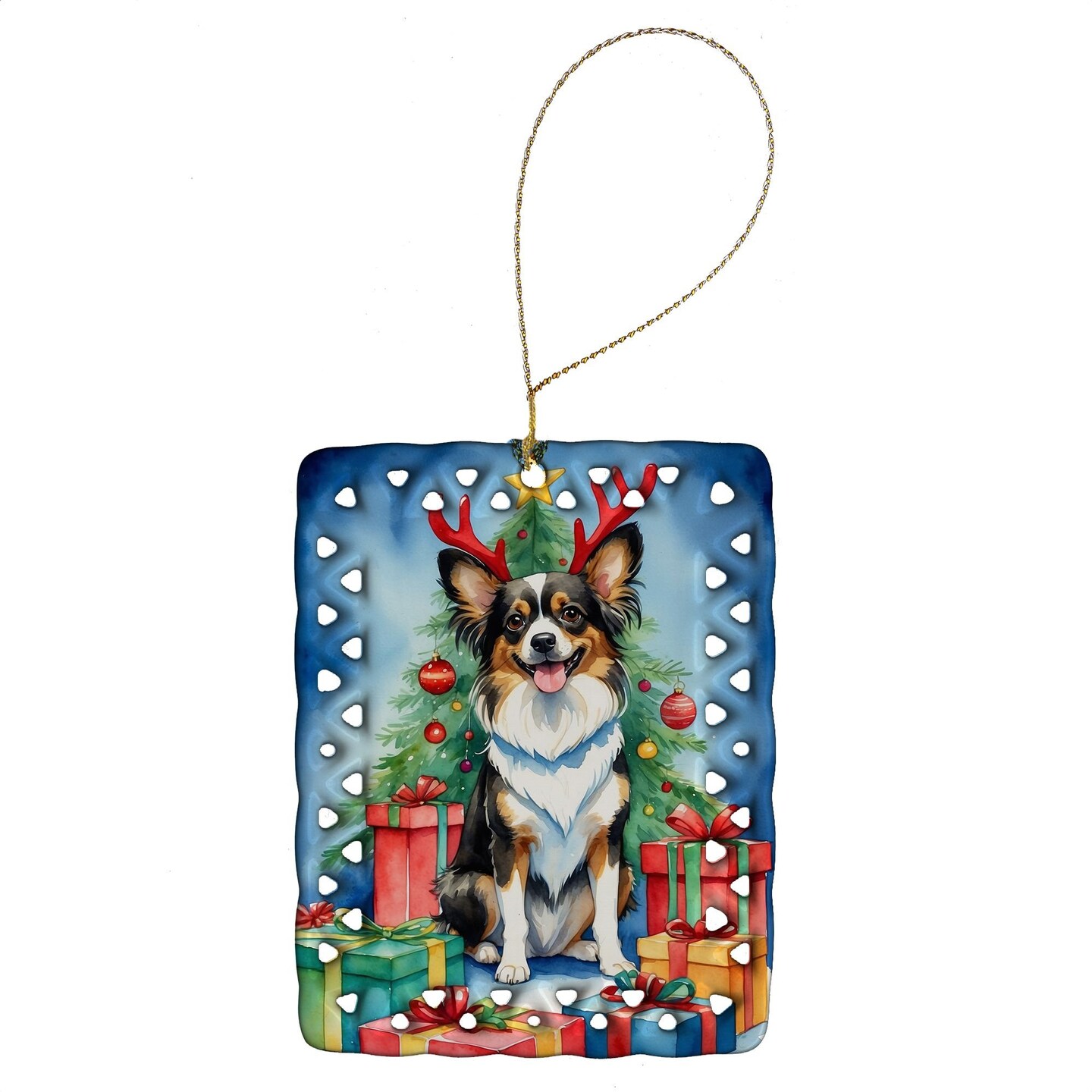Edge Collections - 2.80" X 0.15" - Multicolor - Papillon Christmas Reindeer Porcelain Ornament - 1 Piece
