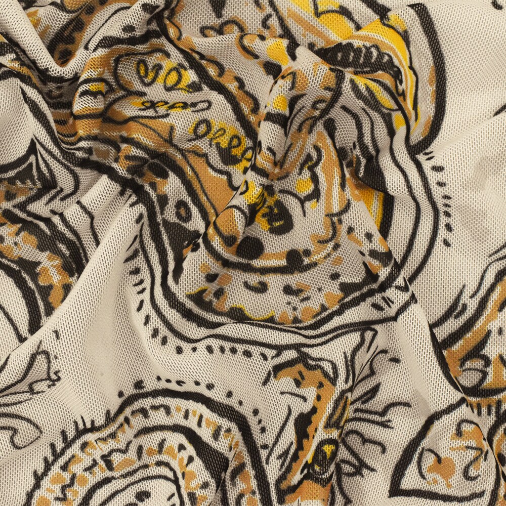 Yellow-Black-Beige Famous Designer Poly Stretch Paisley Printed Mesh Fabric By the Yard
