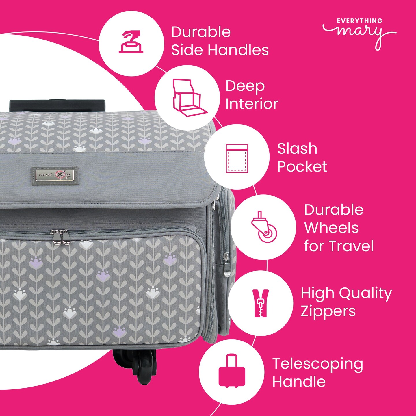 XL 4 Wheel Collapsible Deluxe Rolling Sewing Machine Storage Case, Purple Floral