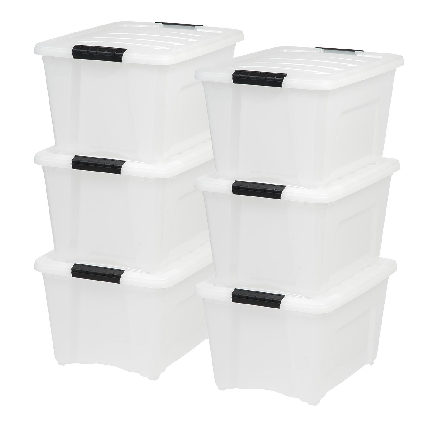IRIS USA 32 Qt Stackable Plastic Storage Bins with Lids, 6 Pack, Made in USA - Discreet Organizing Solution, Latches, Durable Nestable Containers, Secure Pull Handle - Pearl