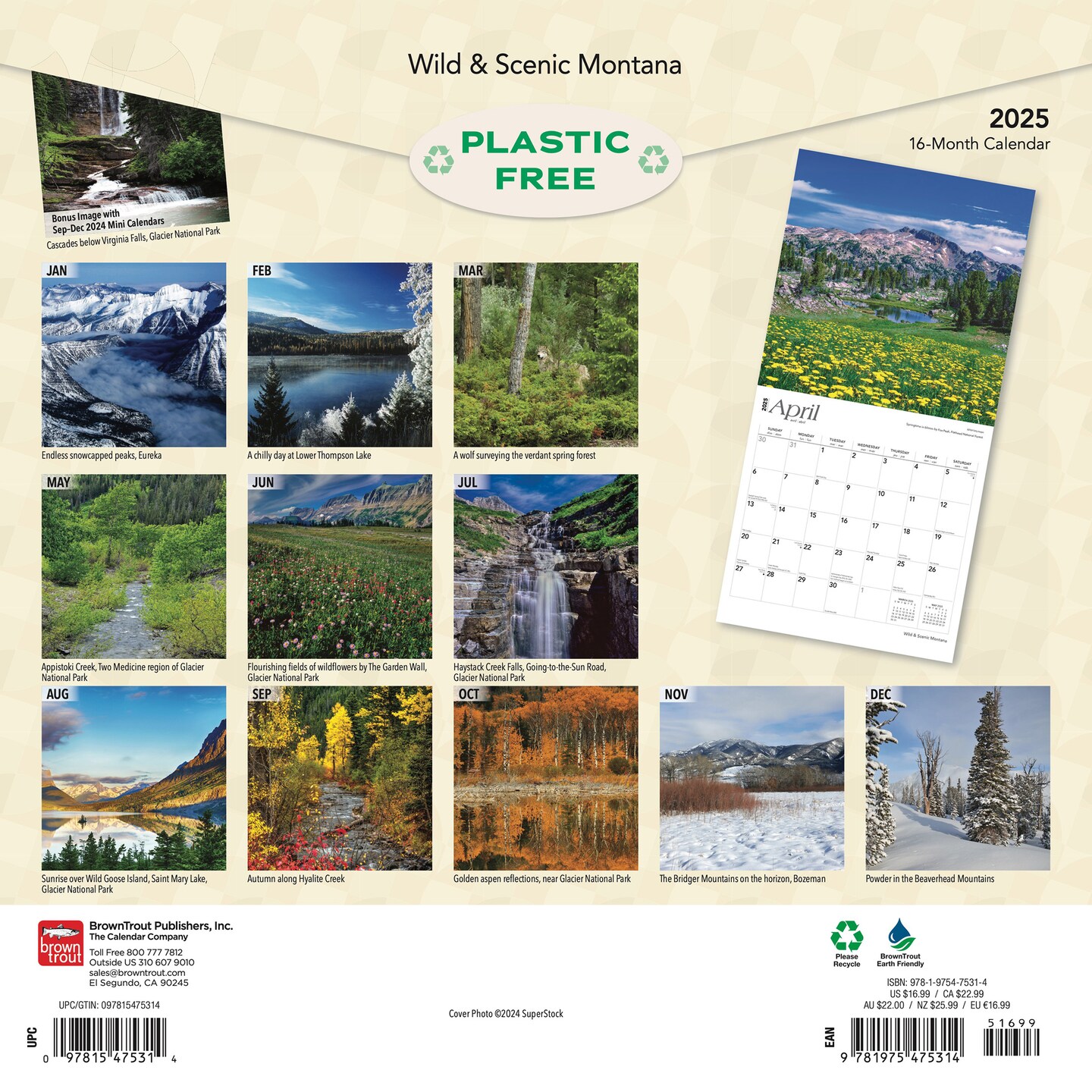 Montana Wild &#x26; Scenic | 2025 12 x 24 Inch Monthly Square Wall Calendar | Plastic-Free | BrownTrout | USA United States of America Rocky Mountains State Nature