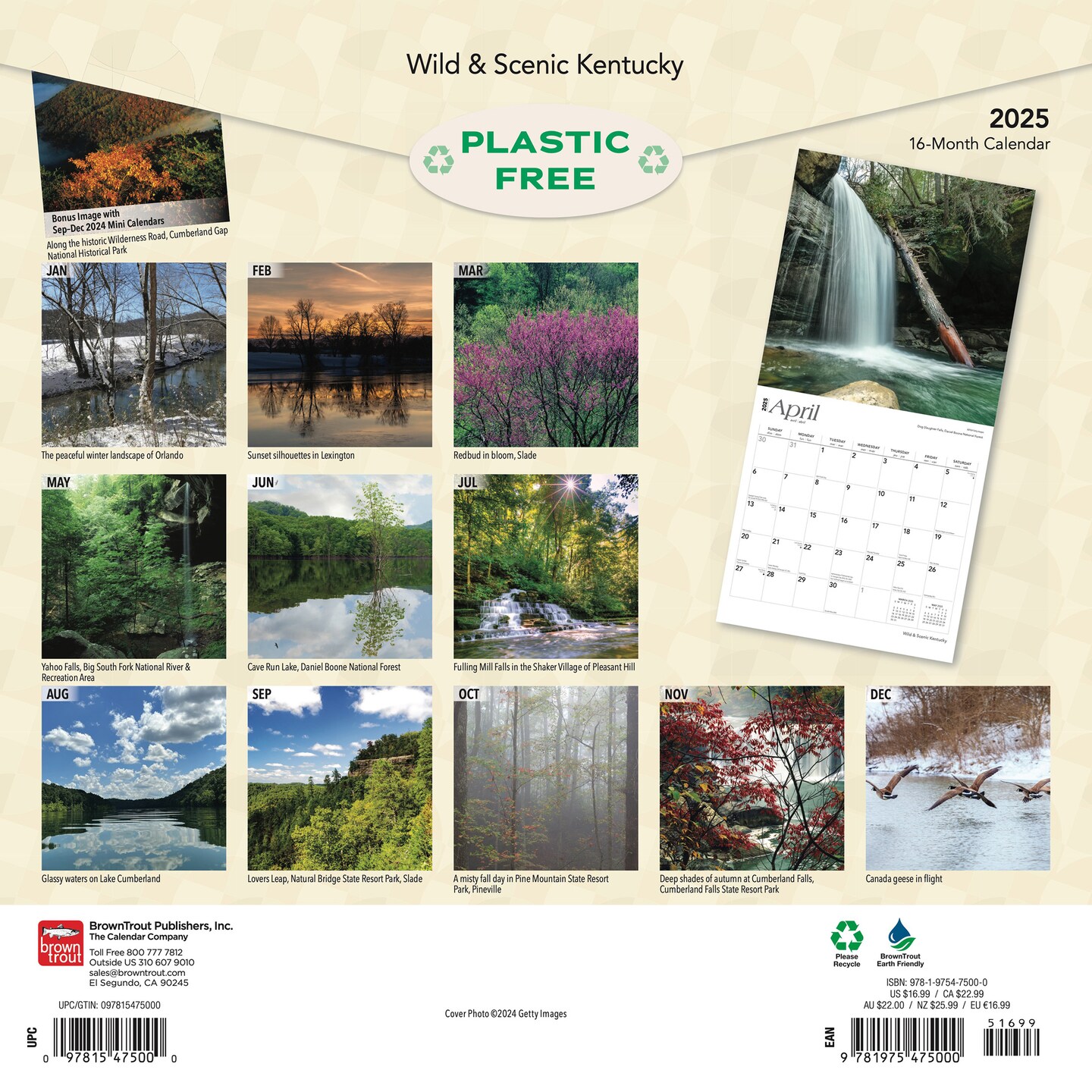 Kentucky Wild &#x26; Scenic | 2025 12 x 24 Inch Monthly Square Wall Calendar | Plastic-Free | BrownTrout | USA United States of America Southeast State Nature