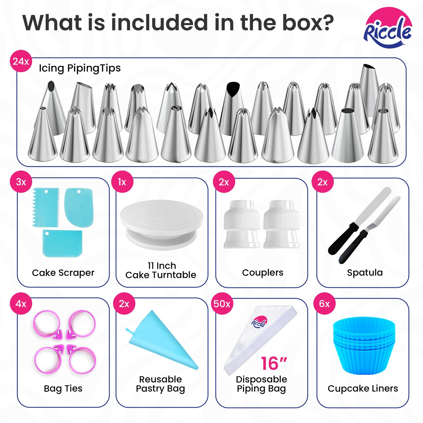 94 pcs Cake Decorating Kit with Cake Turntable - Includes 50pcs 16 Inch Disposable + 2 Reusable Piping Bags and Tips Set, 24 Icing Piping Tips, 2 Spatulas, 3 Icing Comb Scraper, 6 Cake Liners
