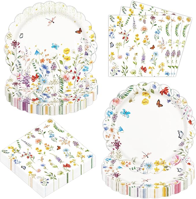 75PCS Wildflower Plates and Napkins Party Supplies,Disposable Scalloped Spring Floral Baby Shower Paper Plates Napkins Tableware Set for Birthday Wedding Tea Garden Party Decor Serves 25