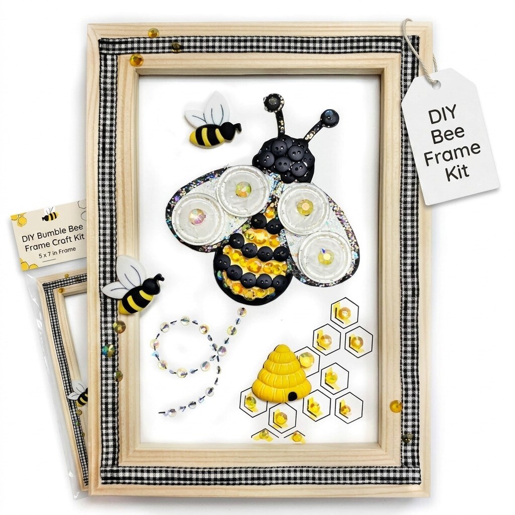 Bumble Bee Button Art Frame Kit, Honeycomb Design, Gingham Trim by Buttons Galore