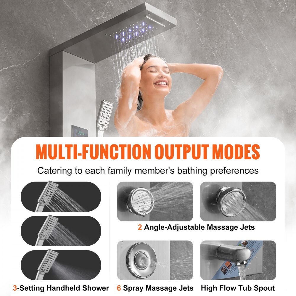 Stainless Steel Shower Panel Tower with Rainfall, Waterfall and 8 Jets