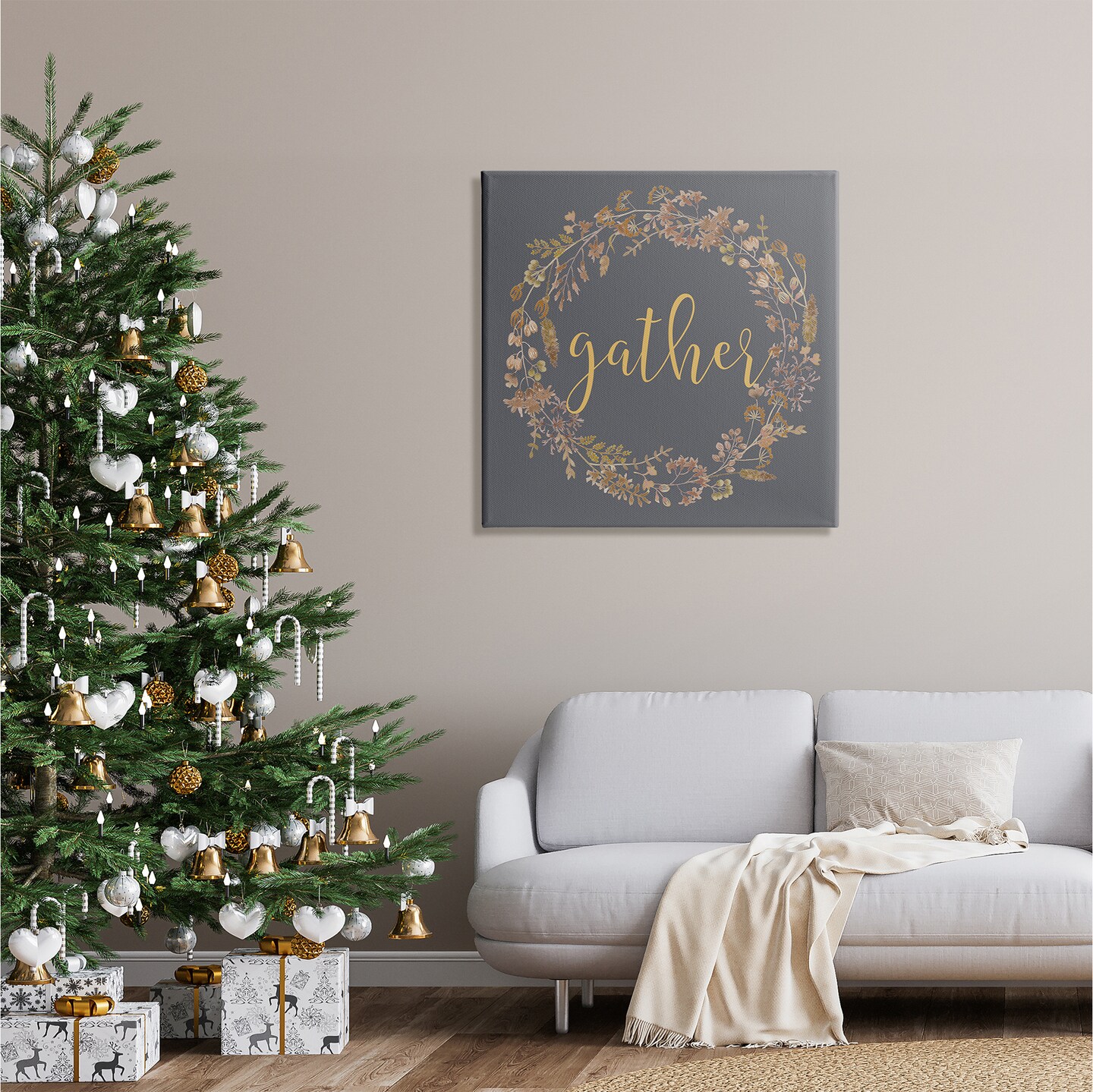 Gather Calligraphy Rustic Autumn Botanical Blooms Wreath  Canvas Art