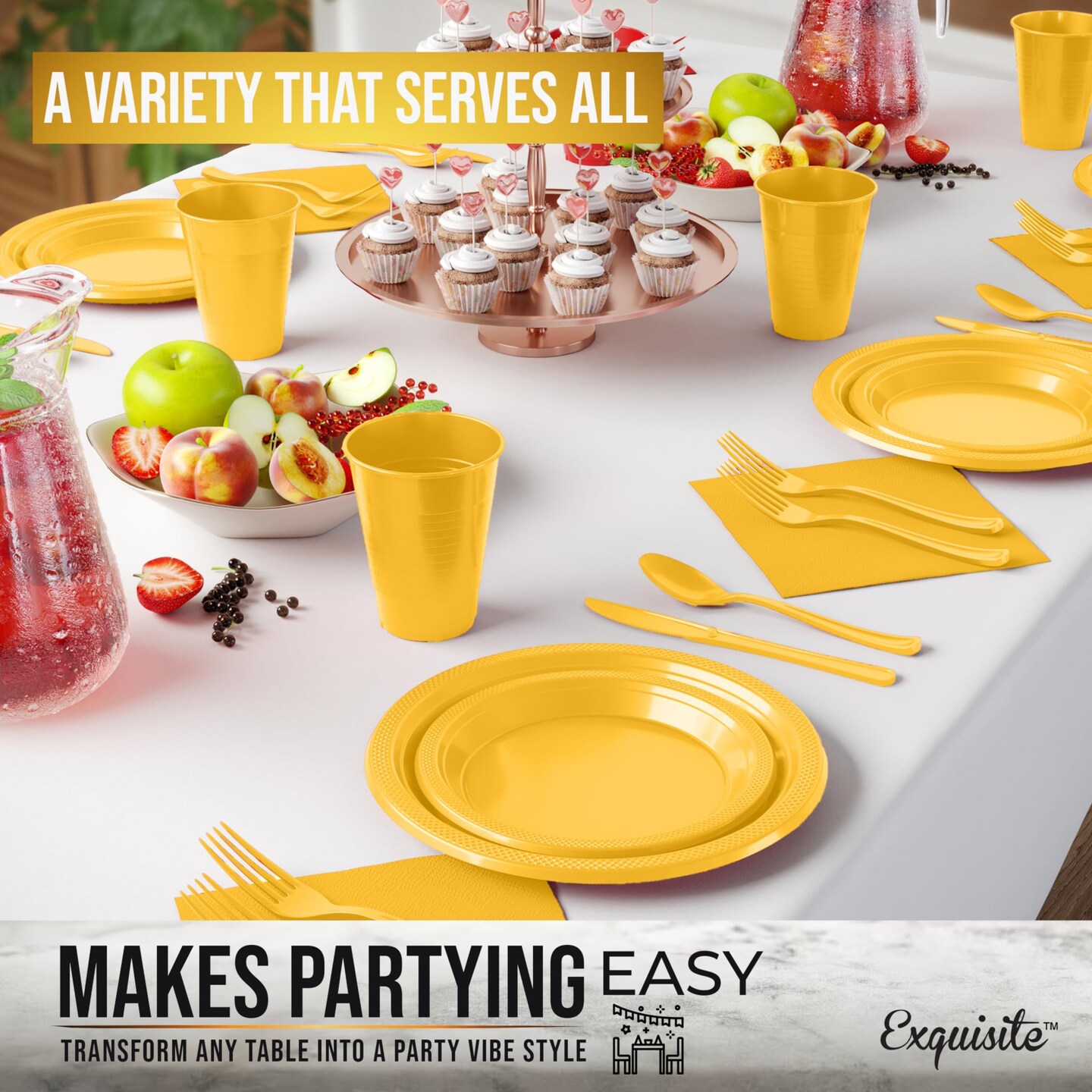 Exquisite 182 Pcs Plastic Plates for Party – Disposable Plates Set – 26 Each of 9" Dinner Plates, 7" Dessert Plates, Plastic Cups, Napkins & Plastic Cutlery – Plastic Dinnerware by Party Solids