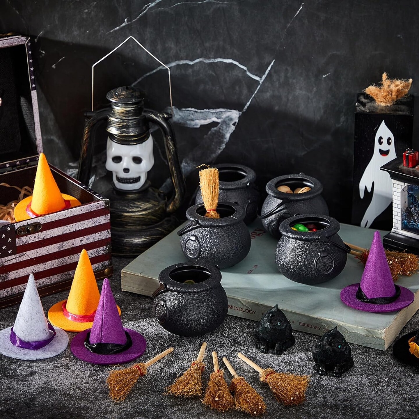 32 PCS Halloween Decorations – Mini Witch Hats, Brooms, Cauldrons & Black Cat Figurines