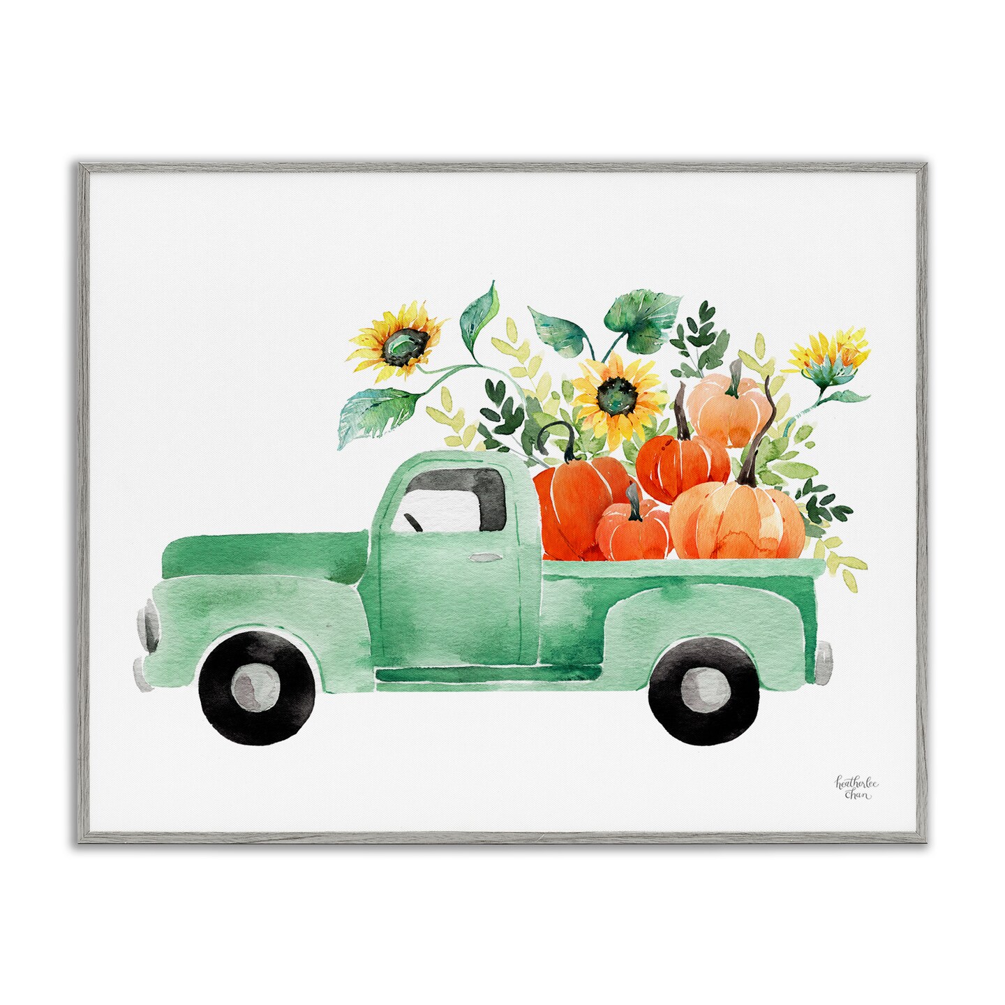 Autumnal Plants Pumpkins Seasonal Green Pickup Truck  Framed Giclee Art
