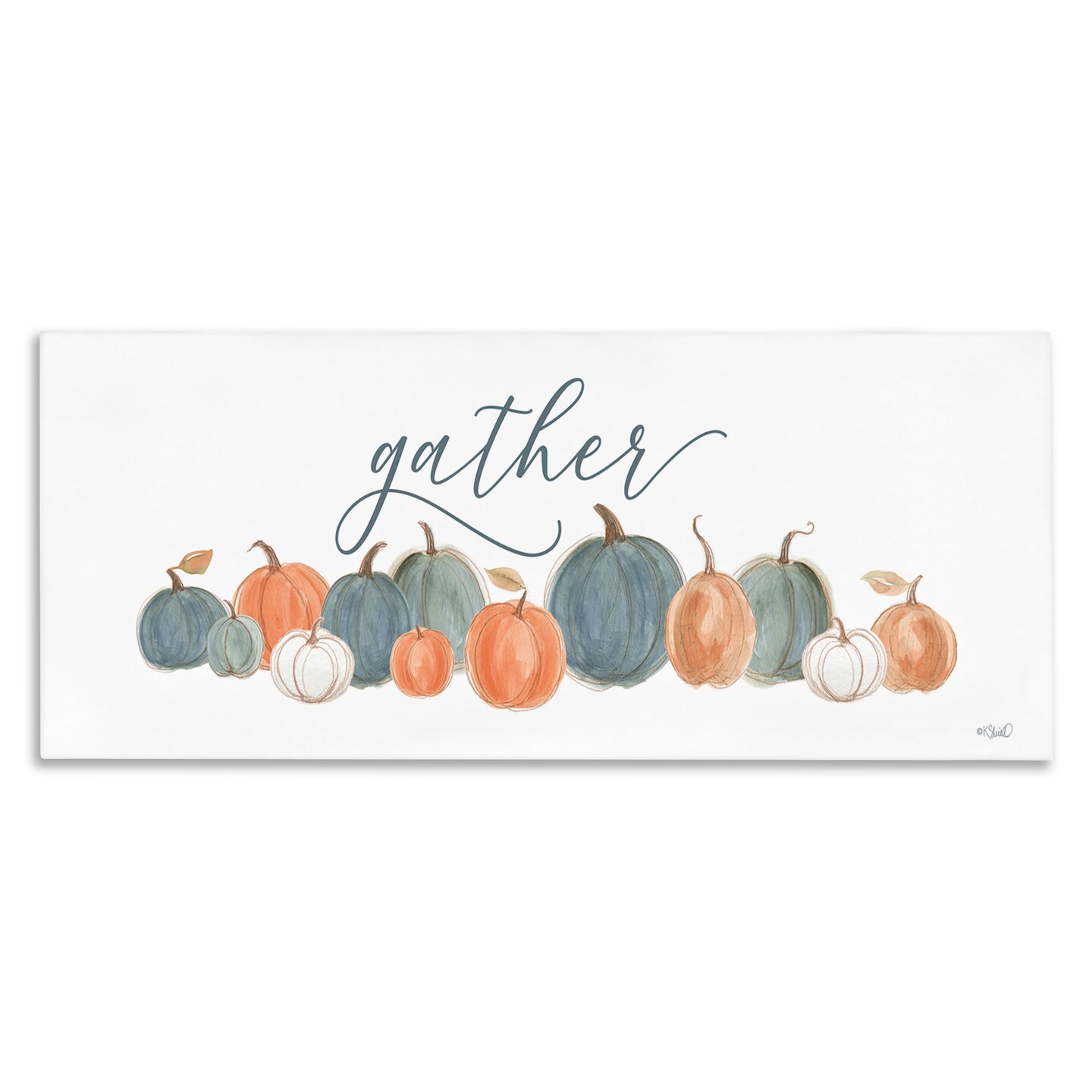 Gather Cursive Script Minimal Autumnal Pumpkins Arrangement Canvas Art
