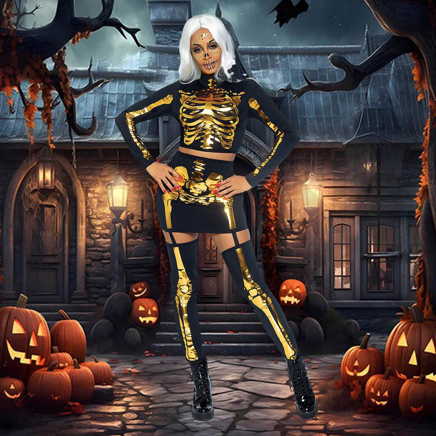 2 Pieces Golden Skeleton Costume for Halloween Graveyard and Theme Party Nights