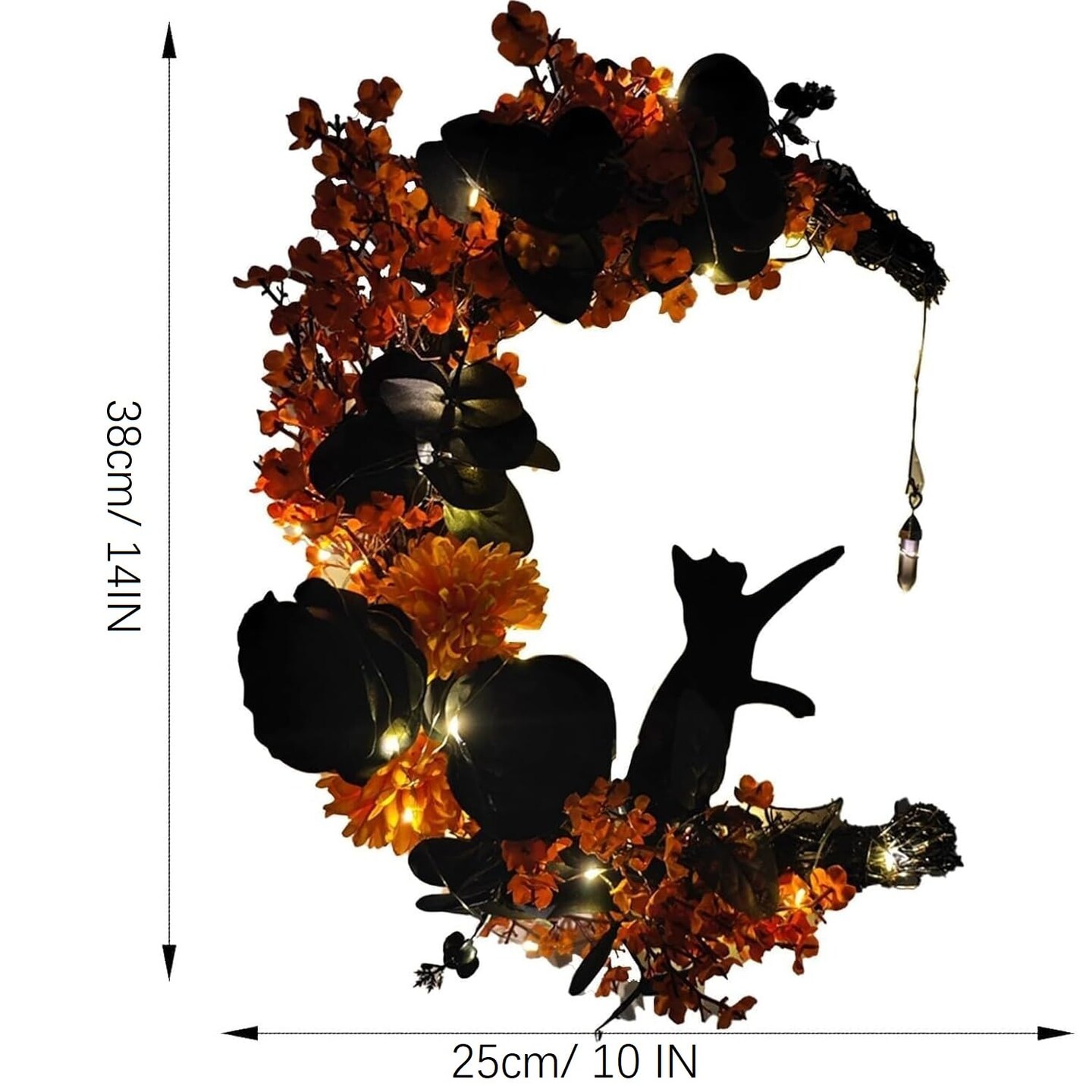 Halloween Wreaths Moon Cat Wreath Garland for Front Door with Lights - Yellow