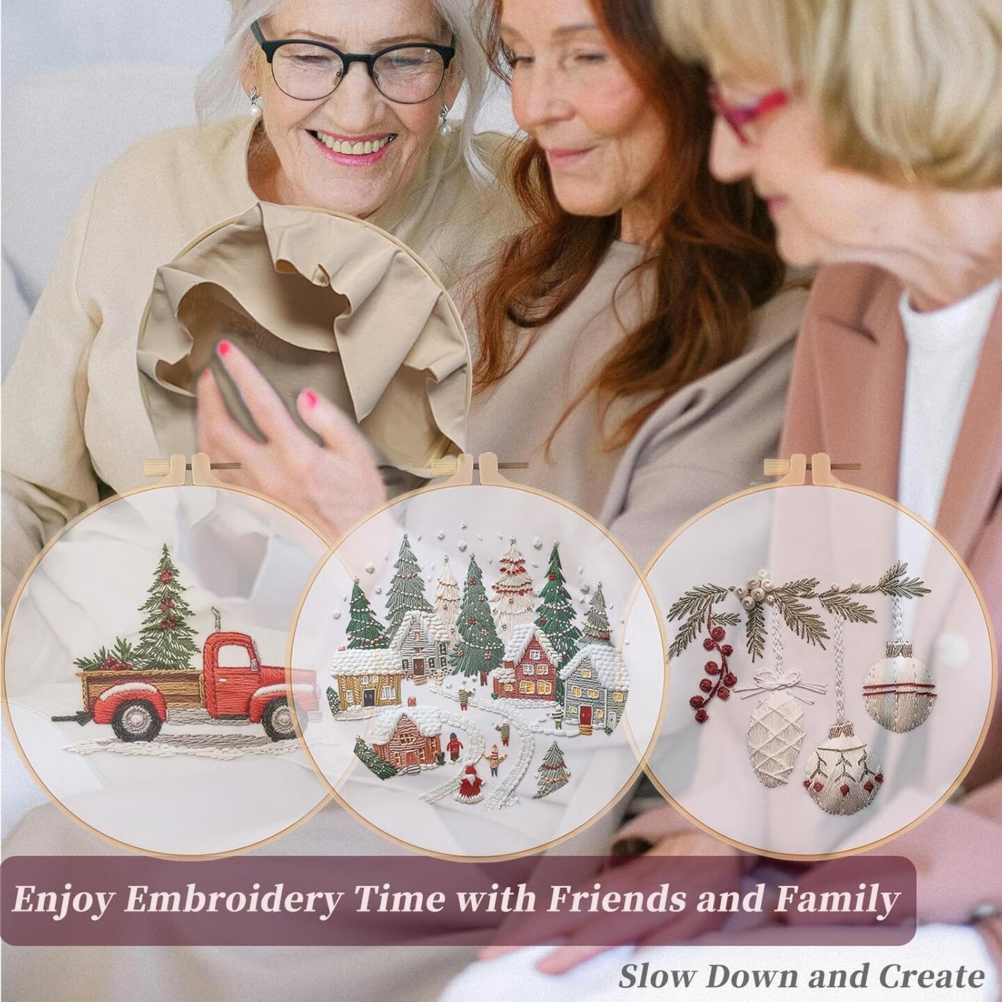 Crewel Christmas Embroidery Kit for Beginners – Winter Snow Scene Pine & Owl Cross Stitch Set, Includes Color Threads, Needle, 8’’ Hoop & Video Tutorial (White)