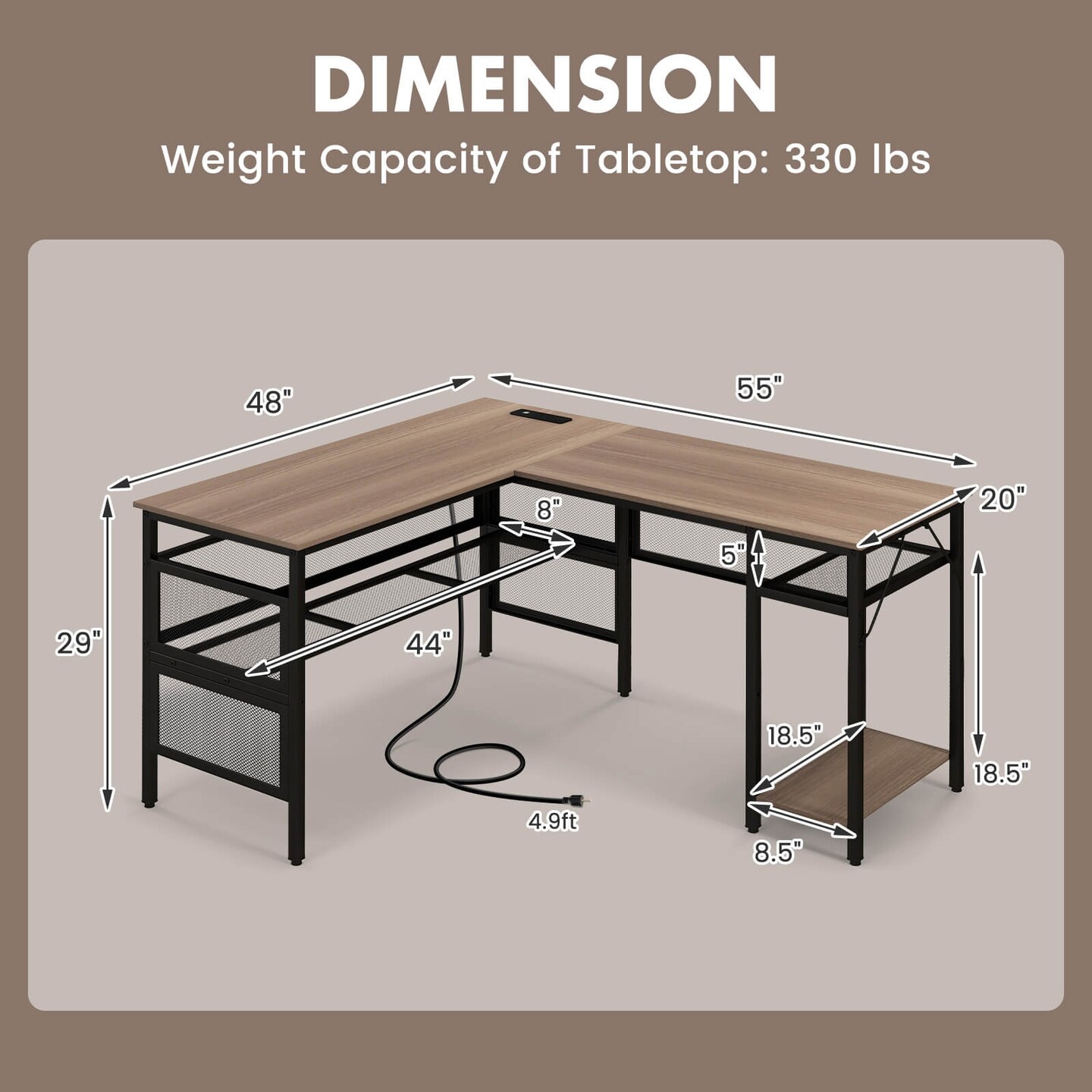 Costway Reversible L-Shaped Computer Desk with Charging Station Adjustable Shelf CPU Stand