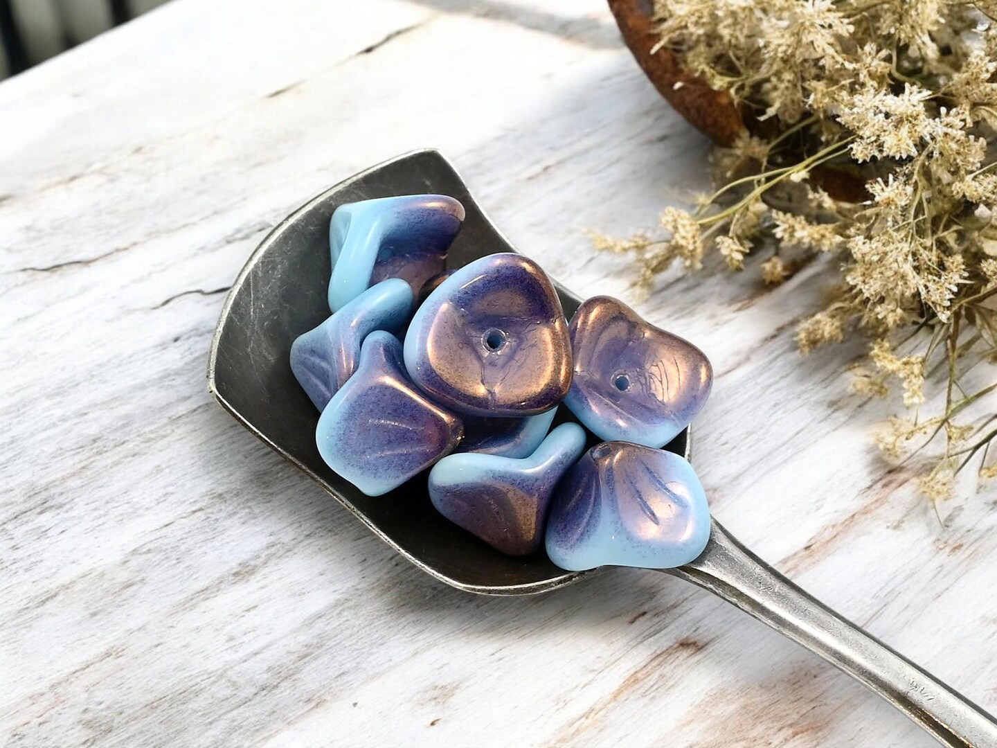 *15* 8x12mm Purple Bronze Washed Opaque Sky Blue 3 Petal Bell Flower Beads